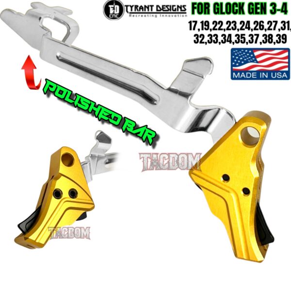 TYRANT DESIGNS I.T.T.S GOLD TRIGGER BLACK Safety with POLISHED BAR for Glock Gen 3 / 4 - 17 19 22 23 24 26 27 31 32 33 34 35 37 38 39