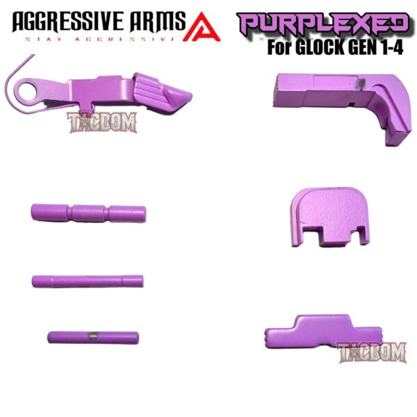 AGGRESSIVE ARMS PURPLEXED CERAKOTED PARTS FOR GLOCK GEN 1 2 3 4* - SLIDE RELEASE / LOCK - SLIDE LOCK - PINS - REAR COVER PLATE - MAGAZINE CATCH