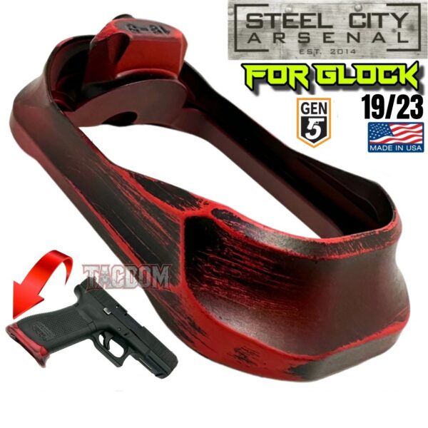 STEEL CITY ARSENAL GLOCK 19 / 23  ENHANCED V2 BATTLEWORN RED BILLET ALUMINUM MAGWELL – FITS GEN 5 OEM FACTORY FRAMES