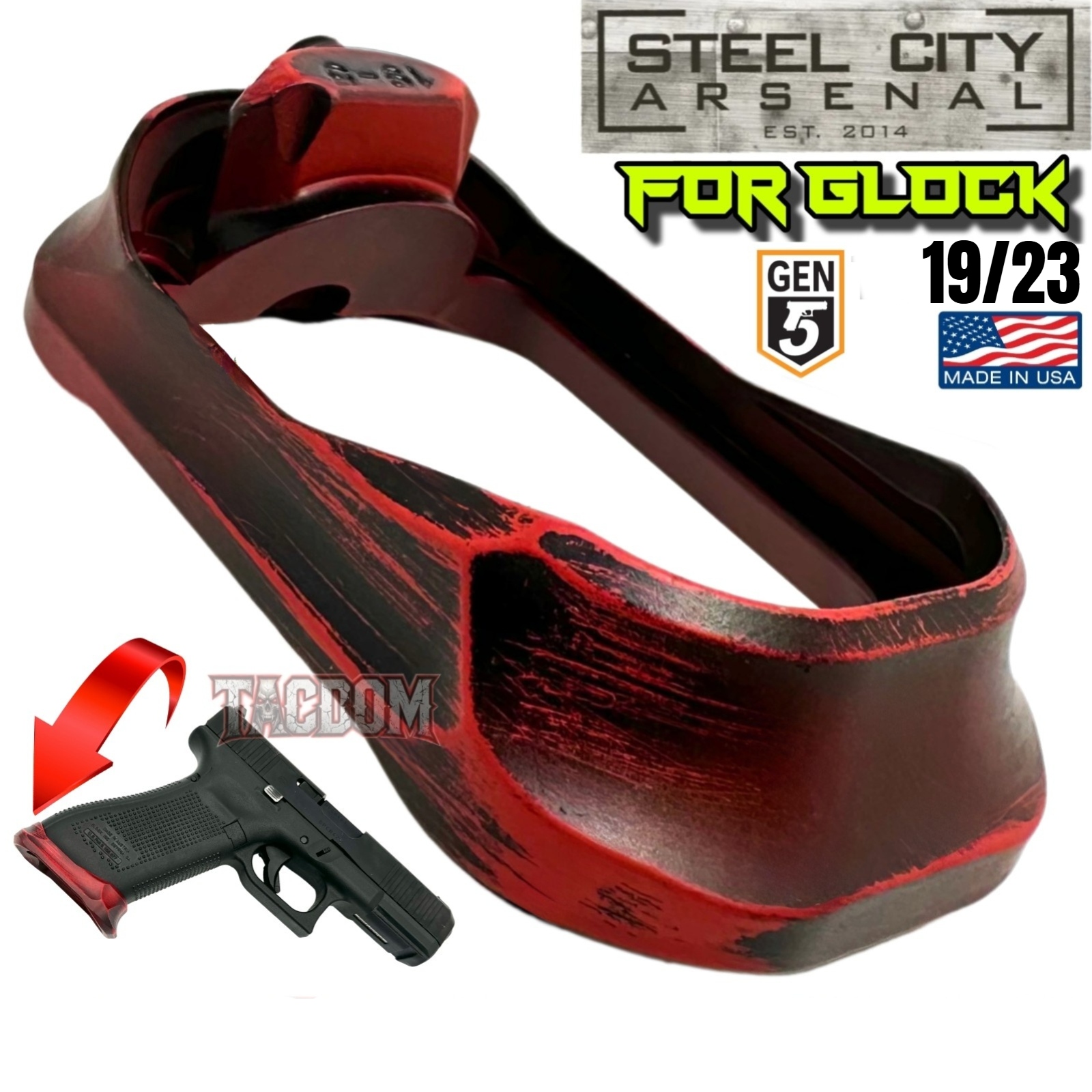 195btred STEEL CITY ARSENAL GLOCK 19 / 23 ENHANCED V2 BATTLEWORN RED BILLET ALUMINUM MAGWELL – FITS GEN 5 OEM FACTORY FRAMES - Image 1