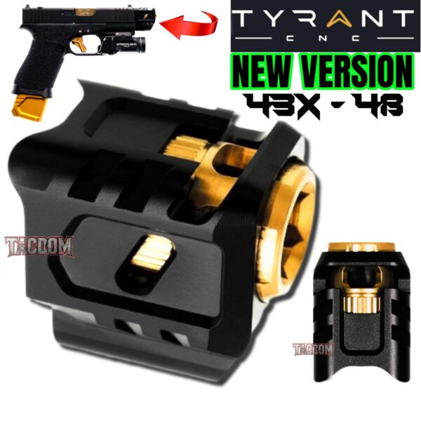 Tyrant Designs LATEST VERSION BLACK T Comp with GOLD Stem Compensator for Glock Comp 9mm 43 43X 48