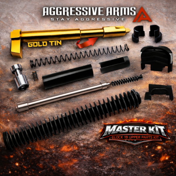 AGGRESSIVE ARMS MASTER Upper Slide Part Kit for Glock 19 GEN 1 2 3 WITH GOLD TIN STRIKER + POLISHED PLUNGER SAFETY / DEPRESSOR ROD & OEM "REAL" GLOCK RECOIL GUIDE ROD