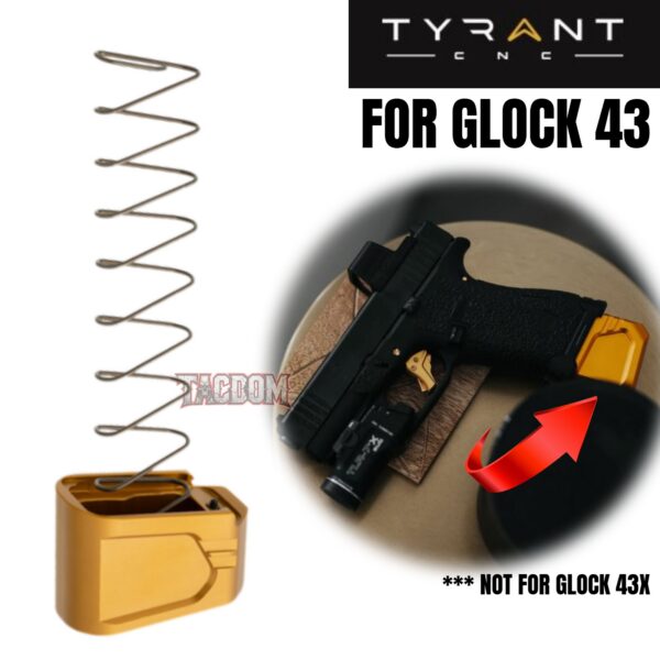Tyrant Designs +3 MAGAZINE EXTENSION FOR GLOCK 43 ONLY - GOLD - NEW STYLE WITH SPRING