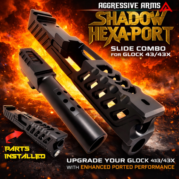 AGGRESSIVE ARMS BLACK SHADOW HEXA-PORT PORTED SLIDE AND 6 PORT BARREL COMPLETE WITH PARTS INSTALLED FOR GLOCK 43 / 43X