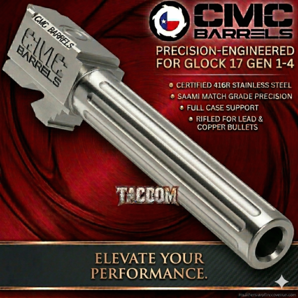 CMC MATCH Barrel for Glock 17 GEN 1-4 SILVER DLC 9mm 416R CERTIFIED Stainless Steel