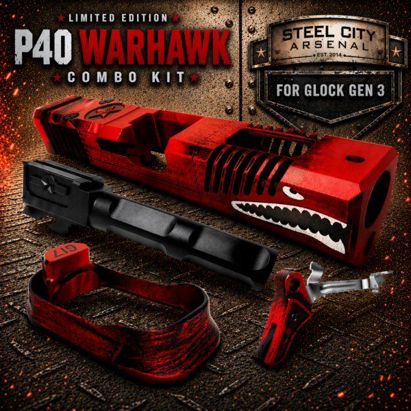 STEEL CITY ARSENAL LIMITED EDITION COLOR KIT - BATTLEWORN RED - P40 WARHAWK SLIDE for GLOCK 17 GEN 3 - COLOR FILL SNARL - BLACK P40 BARREL - BATTLEWORN RED TRIGGER - BILLET ALUMINUM BATTLEWORN RED MAGWELL