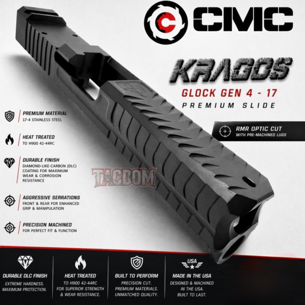 CMC KRAGOS SLIDE FOR GLOCK 17 GEN 4 - 17-4 BILLET STAINLESS - RMR CUT WITH MACHINED IN LUGS