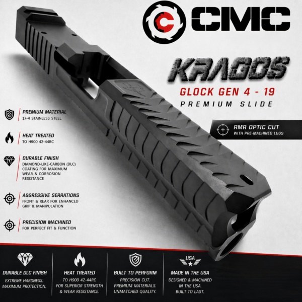 CMC KRAGOS SLIDE FOR GLOCK 19 GEN 4 - 17-4 BILLET STAINLESS - RMR CUT WITH MACHINED IN LUGS