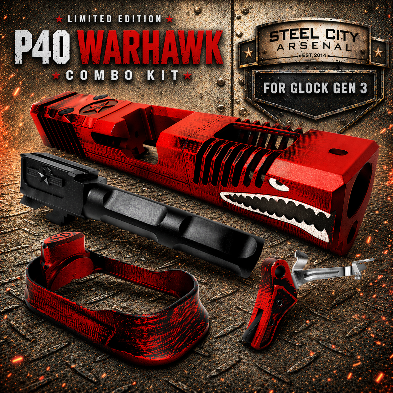 19 web ad STEEL CITY ARSENAL LIMITED EDITION COLOR KIT - BATTLEWORN RED - P40 WARHAWK SLIDE for GLOCK 19 GEN 3 - COLOR FILL SNARL - BLACK P40 BARREL - BATTLEWORN RED TRIGGER - BILLET ALUMINUM BATTLEWORN RED MAGWELL - Image 1