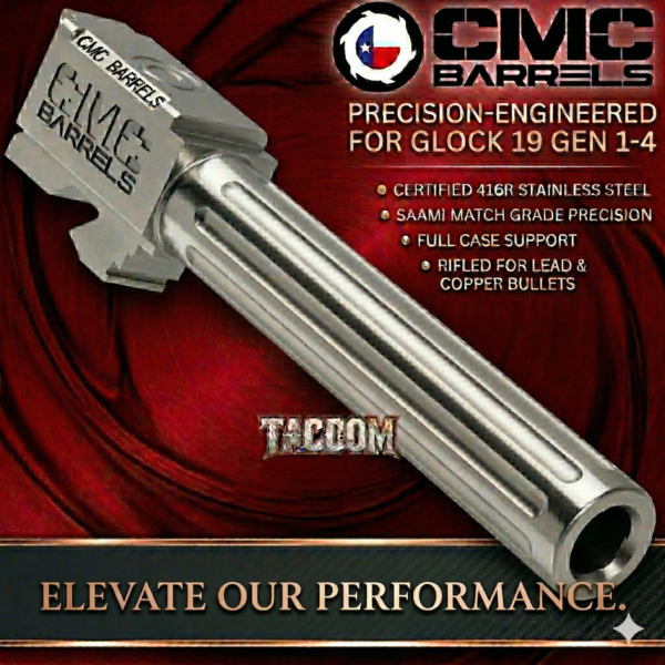 CMC MATCH Barrel for Glock 19 GEN 1-4 SILVER DLC 9mm 416R CERTIFIED Stainless Steel