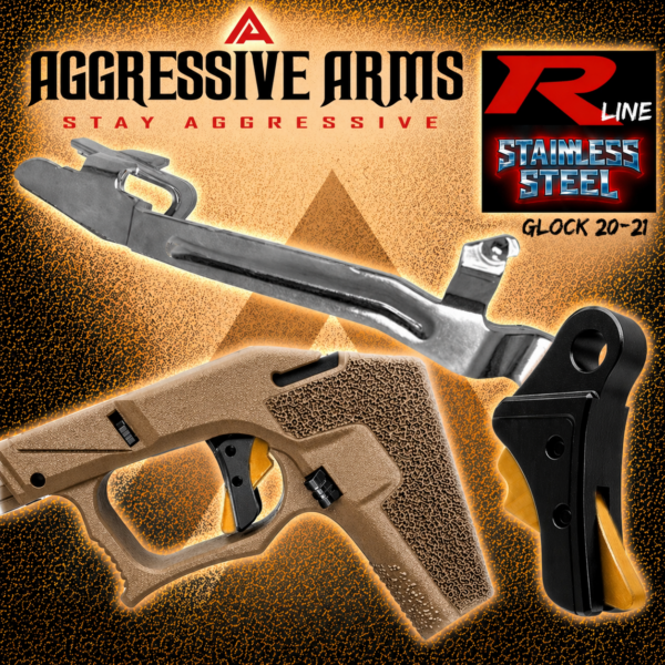 AGGRESSIVE ARMS R-LINE V2 for GLOCK 20 / 21 "STAINLESS STEEL" TRIGGER BLACK DLC / GOLD SAFETY - With POLISHED OEM GLOCK SP04417 TRIGGER BAR