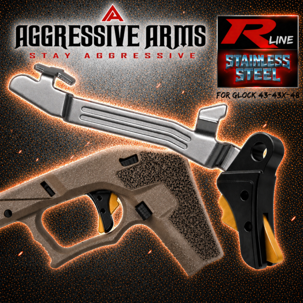 AGGRESSIVE ARMS R-LINE V2 for GLOCK 43 43X 48 "STAINLESS STEEL" TRIGGER BLACK DLC / GOLD SAFETY - With POLISHED TRIGGER BAR