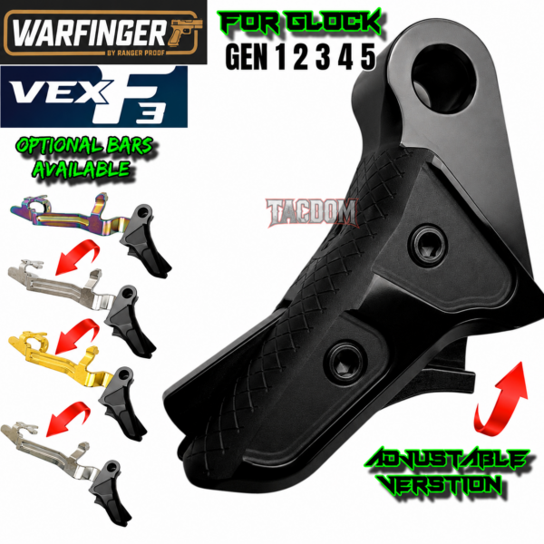WARFINGER formally RANGER PROOF / JOHNNY GLOCK COLLABORATION VEX F3  "DUAL TONE BLACK "ADJUSTABLE VERSION" TRIGGER for GLOCK GEN 1 2 3 4 5 - 17 19 19X 20 21 22 23 24 26 27 31 32 33 34 35 37 36 38 39 43 43x 45 48