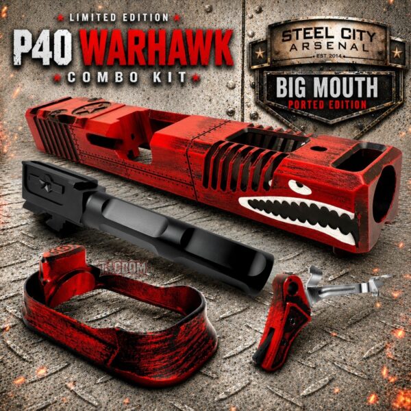 STEEL CITY ARSENAL LIMITED EDITION COLOR KIT - BATTLEWORN RED - P40 WARHAWK "EXTENDED + PORTED" SLIDE for GLOCK 19 GEN 3 - COLOR FILL SNARL - P40 BARREL - MATCHING TRIGGER - BILLET ALUMINUM MAGWELL