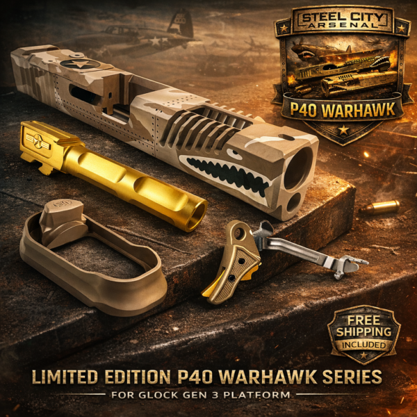 STEEL CITY ARSENAL LIMITED EDITION COLOR KIT - SHADOW TAN CAMO - P40 WARHAWK SLIDE for GLOCK 19 GEN 3 - COLOR FILL SNARL - GOLD P40 BARREL - FDE / GOLD TRIGGER - BILLET ALUMINUM FDE MAGWELL