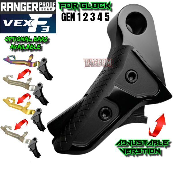 RANGER PROOF / JOHNNY GLOCK COLLABORATION VEX F3  "DUAL TONE BLACK "ADJUSTABLE VERSION" TRIGGER for GLOCK GEN 1 2 3 4 5 - 17 19 19X 20 21 22 23 24 26 27 31 32 33 34 35 37 36 38 39 43 43x 45 48