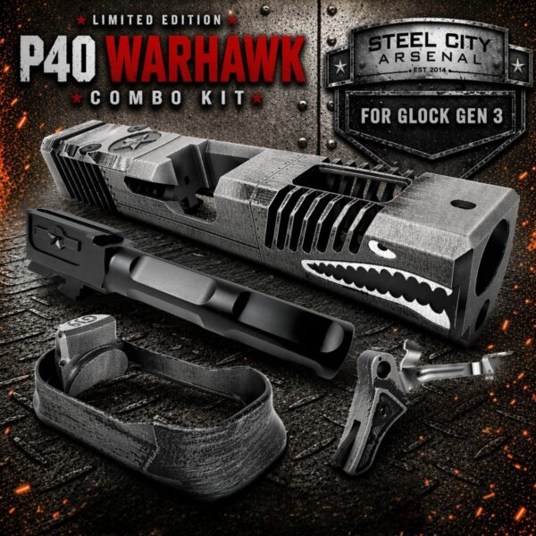 STEEL CITY ARSENAL LIMITED EDITION COLOR KIT - BATTLEWORN GREY - P40 WARHAWK SLIDE for GLOCK 19 GEN 3 - COLOR FILL SNARL - BLACK P40 BARREL - BATTLEWORN GREY TRIGGER - BILLET ALUMINUM BATTLEWORN GREY MAGWELL
