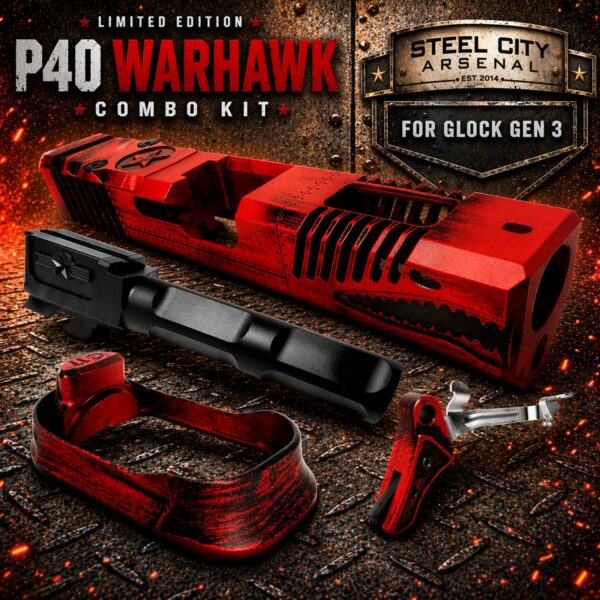 STEEL CITY ARSENAL LIMITED EDITION COLOR KIT - BATTLEWORN RED - P40 WARHAWK SLIDE for GLOCK 17 GEN 3 - COLOR FILL SNARL - BLACK P40 BARREL - BATTLEWORN RED TRIGGER - BILLET ALUMINUM BATTLEWORN RED MAGWELL