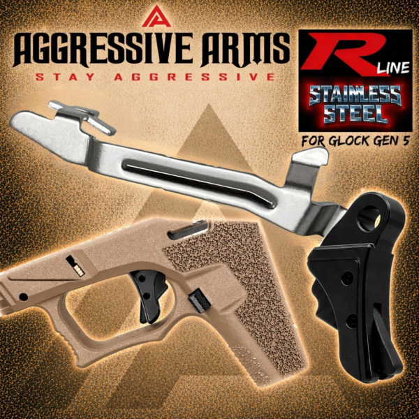 AGGRESSIVE ARMS R-LINE V2 for GLOCK GEN 5 "STAINLESS STEEL" TRIGGER BLACK DLC with BLACK SAFETY - With POLISHED TRIGGER BAR -  17 18 19 19X 22 23 26 27 31 32 33 34 35 45