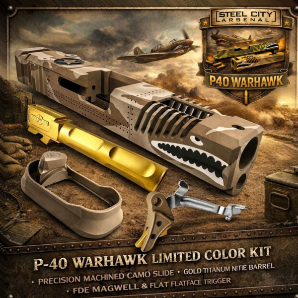 STEEL CITY ARSENAL LIMITED EDITION COLOR KIT - SHADOW TAN CAMO - P40 WARHAWK SLIDE for GLOCK 19 GEN 3 - COLOR FILL SNARL - GOLD P40 BARREL - FDE / GOLD TRIGGER - BILLET ALUMINUM FDE MAGWELL