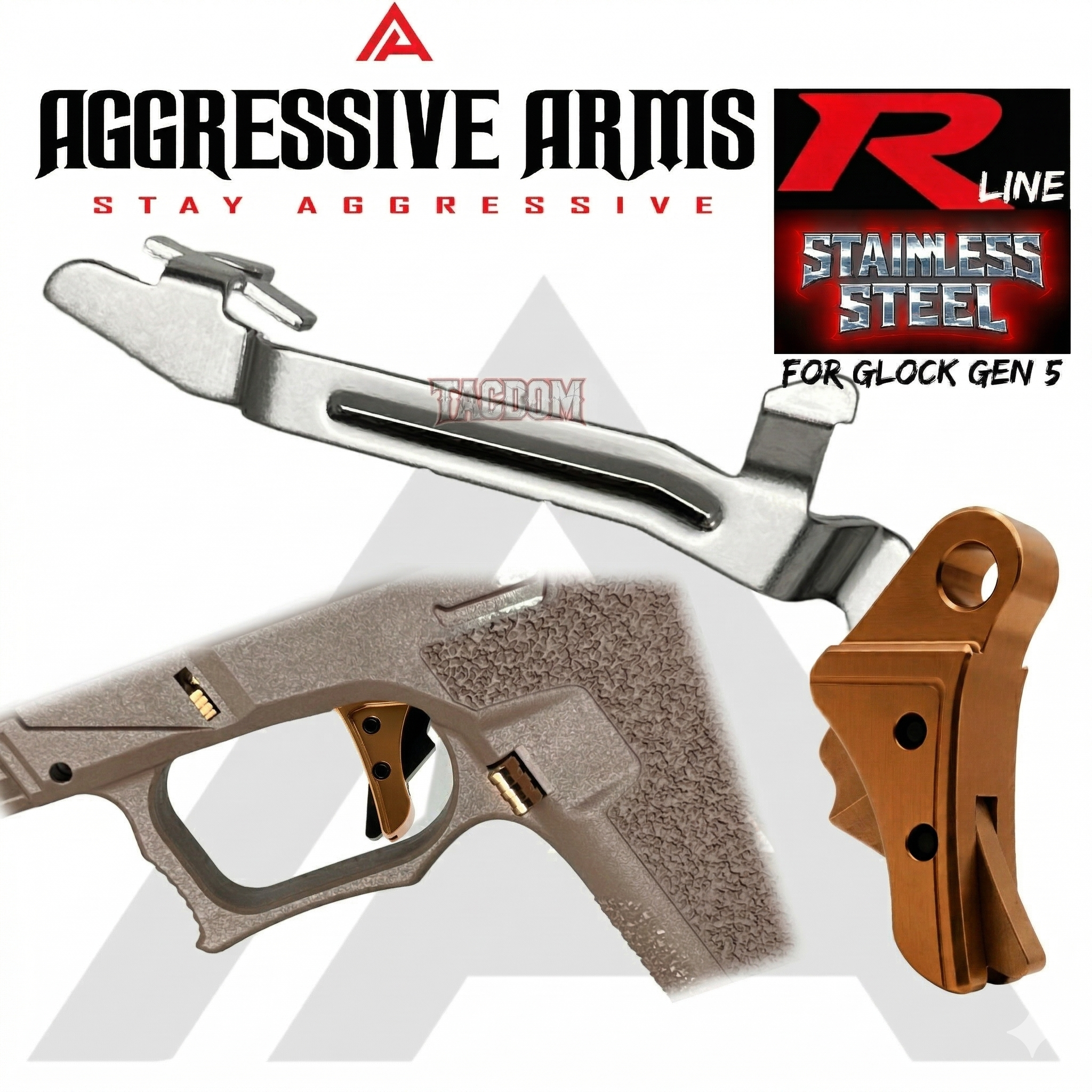 allcop g5 web AGGRESSIVE ARMS R-LINE V2 for GLOCK GEN 5 "STAINLESS STEEL" TRIGGER COPPER PVD with COPPER SAFETY - With POLISHED TRIGGER BAR - 17 18 19 19X 22 23 26 27 31 32 33 34 35 45 - Image 1