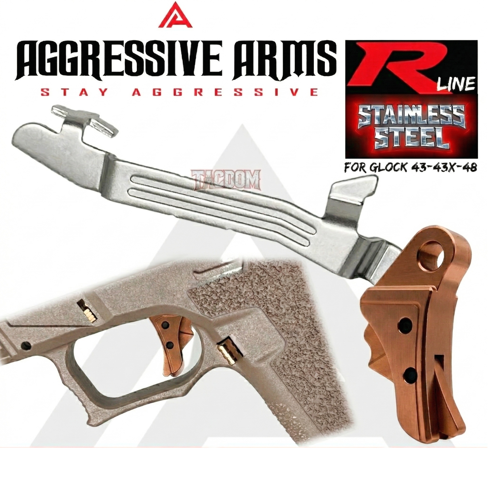 allcopper 43WEB USE AGGRESSIVE ARMS R-LINE V2 for GLOCK 43 43X 48 "STAINLESS STEEL" TRIGGER COPPER PVD / COPPER SAFETY - With POLISHED TRIGGER BAR - Image 1