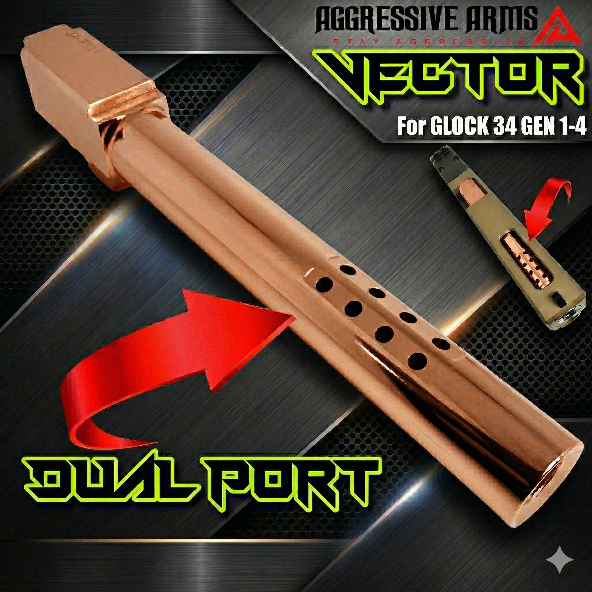 coppper for tacdom AGGRESSIVE ARMS VECTOR TOP Ported Compensated SHINY COPPER Barrel for GLOCK 34 GEN 1 2 3 4 - 416 STAINLESS STEEL - Image 1