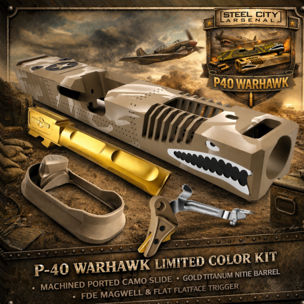 STEEL CITY ARSENAL LIMITED EDITION COLOR KIT - SHADOW TAN CAMO - P40 WARHAWK "EXTENDED + PORTED" SLIDE for GLOCK 19 GEN 3 - COLOR FILL SNARL - GOLD P40 BARREL - FDE / GOLD TRIGGER - BILLET ALUMINUM FDE MAGWELL