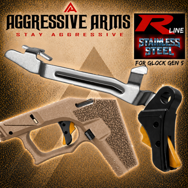 AGGRESSIVE ARMS R-LINE V2 for GLOCK GEN 5 "STAINLESS STEEL" TRIGGER BLACK DLC with GOLD SAFETY - With POLISHED TRIGGER BAR -  17 18 19 19X 22 23 26 27 31 32 33 34 35 45