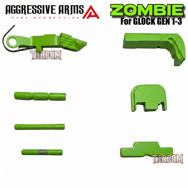 AGGRESSIVE ARMS ZOMBIE GREEN CERAKOTED PARTS FOR GLOCK GEN 1 2 3 - SLIDE RELEASE / LOCK - SLIDE LOCK - PINS - REAR COVER PLATE - MAGAZINE CATCH