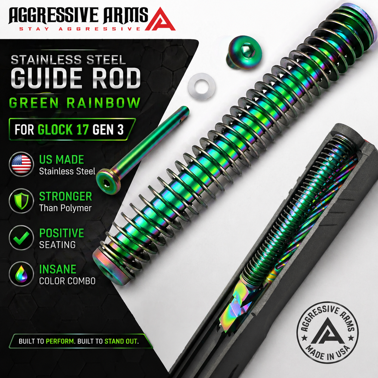 green for web AGGRESSIVE GUIDE ROD Assembly for GLOCK 17 Gen 3 -17LB Spring - GREEN RAINBOW CHAMELEON over Stainless Steel - Image 1