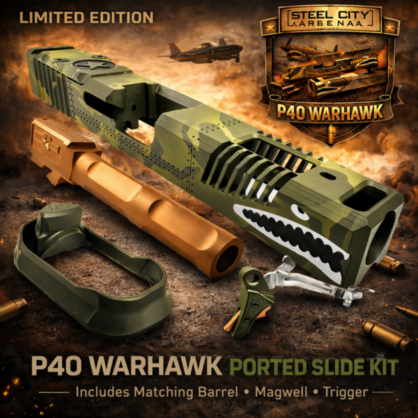 STEEL CITY ARSENAL "DEMO" LIMITED EDITION COLOR KIT - SHADOW GREEN CAMO - P40 WARHAWK "EXTENDED + PORTED" SLIDE for GLOCK 19 GEN 3 - COLOR FILL SNARL - COPPER P40 BARREL - GREEN / COPPER TRIGGER - BILLET ALUMINUM GREEN MAGWELL