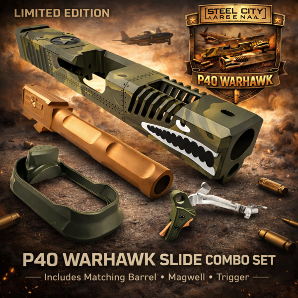 STEEL CITY ARSENAL LIMITED EDITION COLOR KIT - SHADOW GREEN CAMO - P40 WARHAWK SLIDE for GLOCK 17 GEN 3 - COLOR FILL SNARL - COPPER P40 BARREL - OD GREEN / COPPER TRIGGER - BILLET ALUMINUM OD GREEN MAGWELL (Copy)