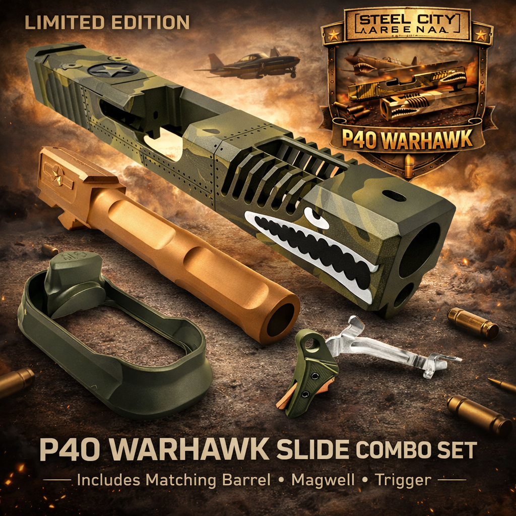 p40maybe STEEL CITY ARSENAL LIMITED EDITION COLOR KIT - SHADOW GREEN CAMO - P40 WARHAWK SLIDE for GLOCK 17 GEN 3 - COLOR FILL SNARL - COPPER P40 BARREL - OD GREEN / COPPER TRIGGER - BILLET ALUMINUM OD GREEN MAGWELL - Image 1