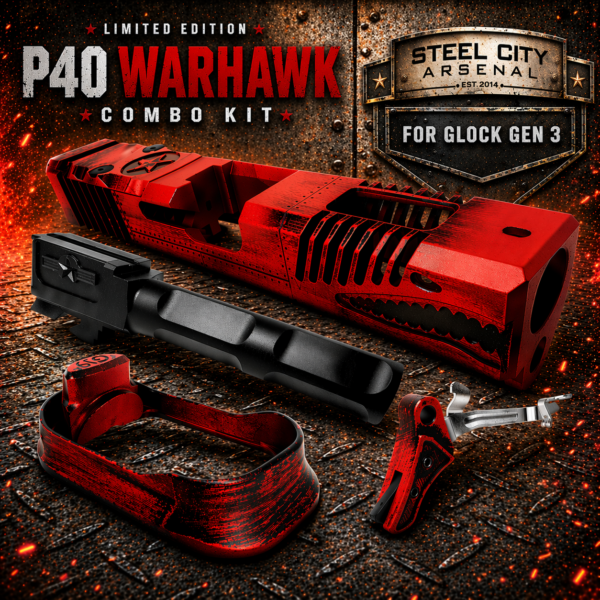 STEEL CITY ARSENAL LIMITED EDITION COLOR KIT - BATTLEWORN RED - P40 WARHAWK SLIDE for GLOCK 19 GEN 3 - COLOR FILL SNARL - BLACK P40 BARREL - BATTLEWORN RED TRIGGER - BILLET ALUMINUM BATTLEWORN RED MAGWELL