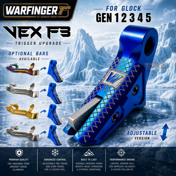 WARFINGER by RANGER PROOF / JOHNNY GLOCK COLLABORATION VEX F3  "BLUE/GREY/SIVLER "ADJUSTABLE VERSION" TRIGGER for GLOCK GEN 1 2 3 4 5 - 17 19 19X 20 21 22 23 24 26 27 31 32 33 34 35 37 36 38 39 43 43x 45 48