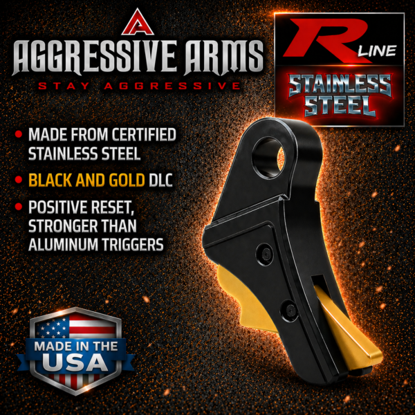 AGGRESSIVE ARMS R-LINE for GLOCK GEN 1 2 3 4 5 "STAINLESS STEEL" TRIGGER BLACK DLC / GOLD SAFETY