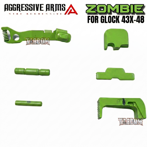 AGGRESSIVE ARMS ZOMBIE GREEN CERAKOTED PARTS FOR GLOCK 43X / 48 - GHOST EXTENDED SLIDE RELEASE / CATCH - SLIDE LOCK - PINS - REAR COVER PLATE - MAGAZINE CATCH