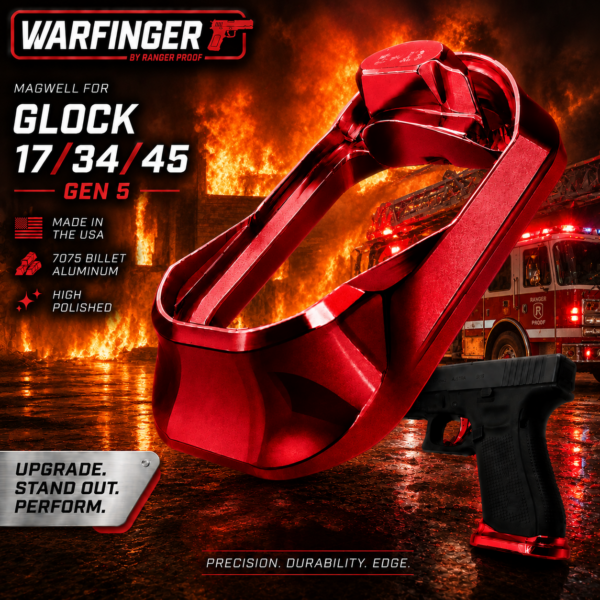WARFINGER by Ranger Proof for GLOCK 17 / 34 / 45 ENHANCED RED BILLET ALUMINUM MAGWELL – FITS GEN 5 OEM FACTORY FRAMES