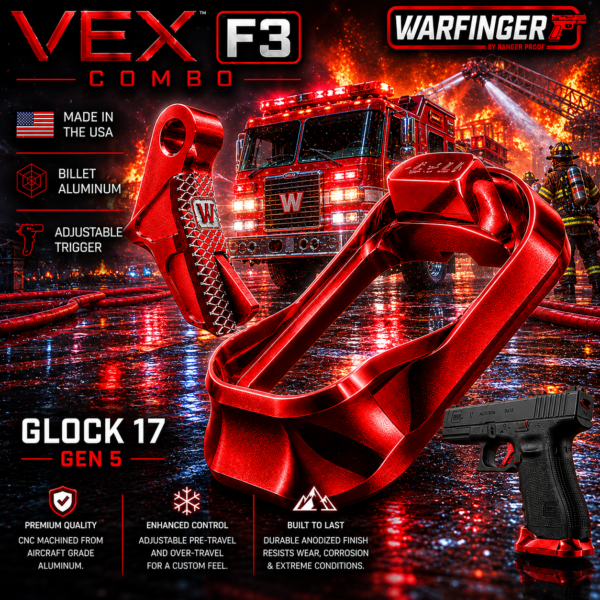 WARFINGER by Ranger Proof for GLOCK 17 / 34 / 45 ENHANCED RED BILLET ALUMINUM MAGWELL + VEX F3 ADJUSTABLE TRIGGER – FITS GEN 5 OEM FACTORY FRAMES