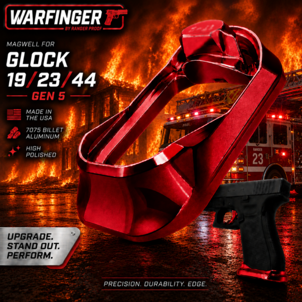 WARFINGER by Ranger Proof for GLOCK 19 / 23 / 44 ENHANCED RED BILLET ALUMINUM MAGWELL – FITS GEN 5 OEM FACTORY FRAMES