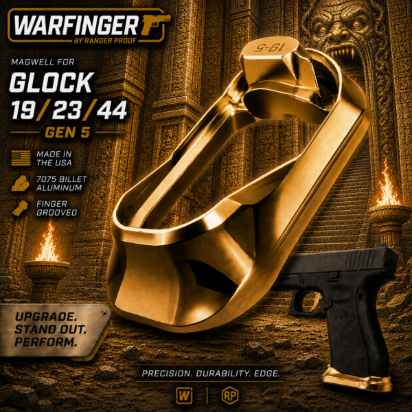 WARFINGER by Ranger Proof for GLOCK 19 / 23 / 44 ENHANCED ANODIZED GOLD BILLET ALUMINUM MAGWELL – FITS GEN 5 OEM FACTORY FRAMES