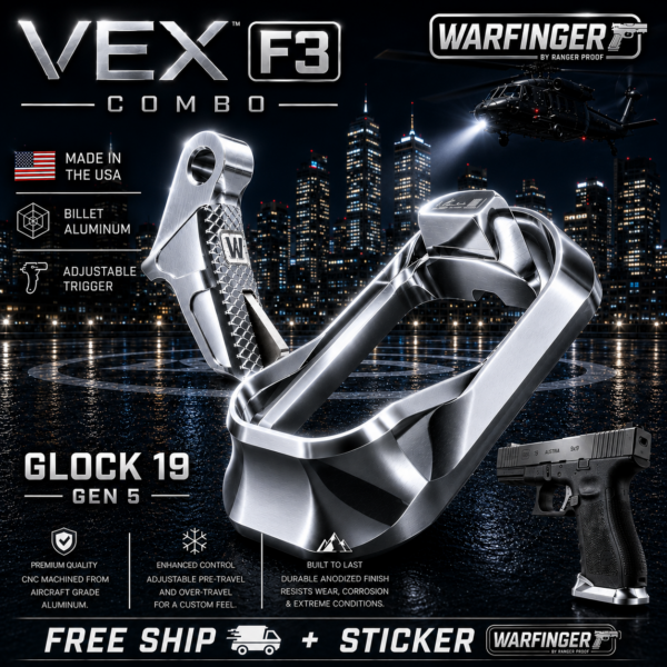WARFINGER by Ranger Proof for GLOCK 19 / 23 / 44 ENHANCED POLISHED BILLET ALUMINUM MAGWELL + VEX F3 ADJUSTABLE TRIGGER – FITS GEN 5 OEM FACTORY FRAMES