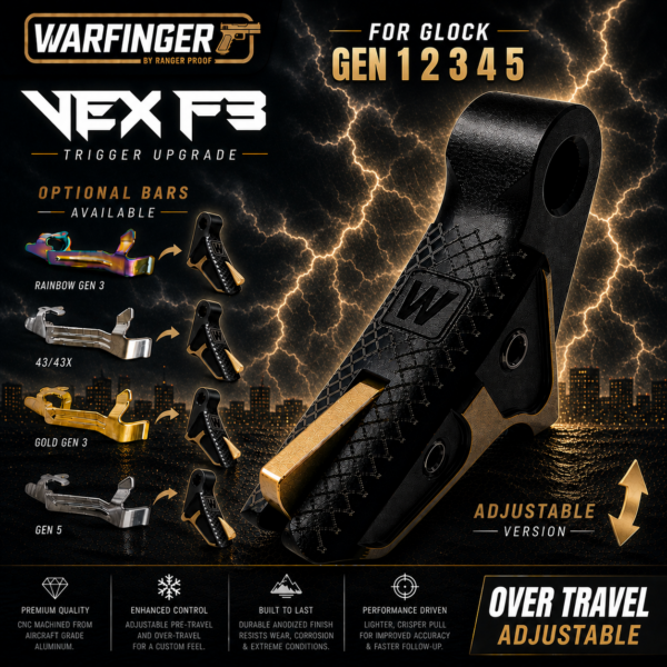 WARFINGER by RANGER PROOF / JOHNNY GLOCK COLLABORATION VEX F3  "BLACK / GOLD TWO TONE" ADJUSTABLE VERSION" TRIGGER for GLOCK GEN 1 2 3 4 5 - 17 19 19X 20 21 22 23 24 26 27 31 32 33 34 35 37 36 38 39 43 43x 45 48
