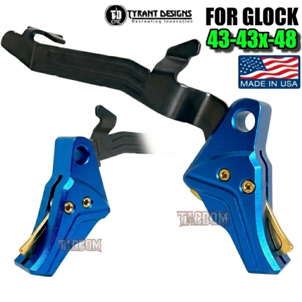 TYRANT DESIGNS I.T.T.S BLUE TRIGGER GOLD Safety with BLACK STEALTH BAR for Glock 43 - 43x - 48 MODELS