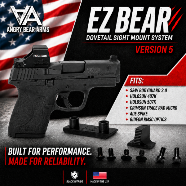 ANGRY EZ BEAR - OPTIC DOVE MOUNT + FRONT SIGHT FOR S&W BODYGUARD 2.0 models -  V5 FITS OPTICS LIKE HOLOSUN 407K 507K - CRIMSON - GIDEON