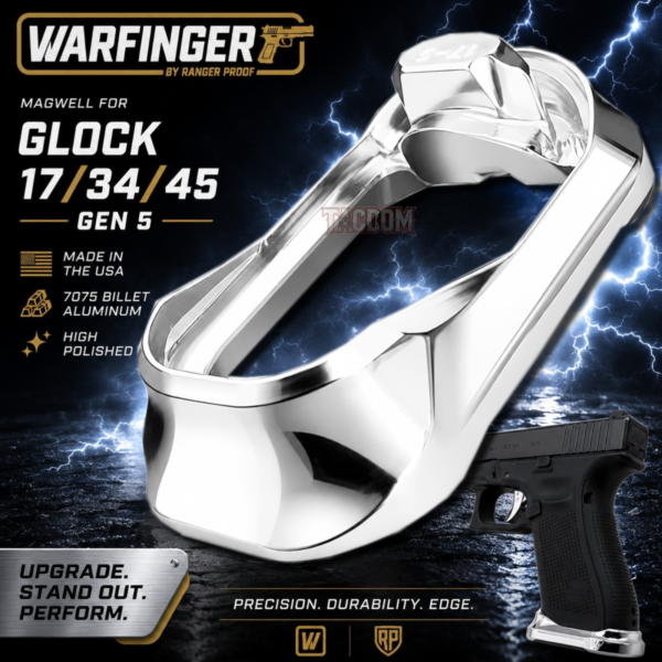 WARFINGER by Ranger Proof for GLOCK 17 / 34 / 45 ENHANCED POLISHED SILVER BILLET ALUMINUM MAGWELL – FITS GEN 5 OEM FACTORY FRAMES