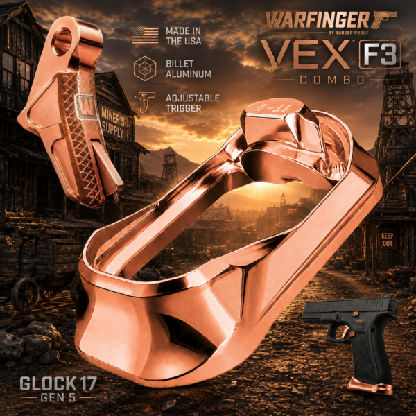 WARFINGER by Ranger Proof for GLOCK 17 / 34 / 45 ENHANCED COPPER ROSE GOLD BILLET ALUMINUM MAGWELL + VEX F3 ADJUSTABLE TRIGGER – FITS GEN 5 OEM FACTORY FRAMES