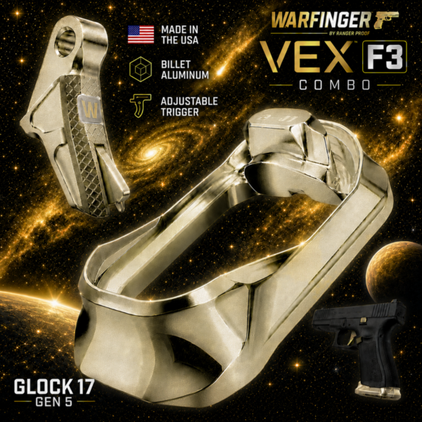 WARFINGER by Ranger Proof for GLOCK 17 / 34 / 45 ENHANCED FLAX LIGHT GOLD BILLET ALUMINUM MAGWELL + VEX F3 ADJUSTABLE TRIGGER – FITS GEN 5 OEM FACTORY FRAMES