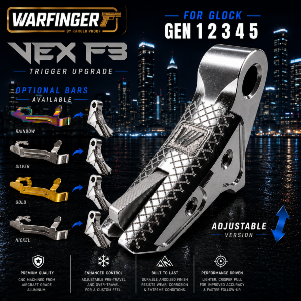 WARFINGER by RANGER PROOF / JOHNNY GLOCK COLLABORATION VEX F3 POLISHED SILVER BILLET ADJUSTABLE VERSION TRIGGER for GLOCK GEN 1 2 3 4 5 - 17 19 19X 20 21 22 23 24 26 27 31 32 33 34 35 37 36 38 39 43 43x 45 48